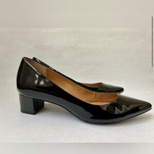 Calvin Klein Women’s Black Patent Leather Pumps Low Block Heel Pointy Toe, 8.5